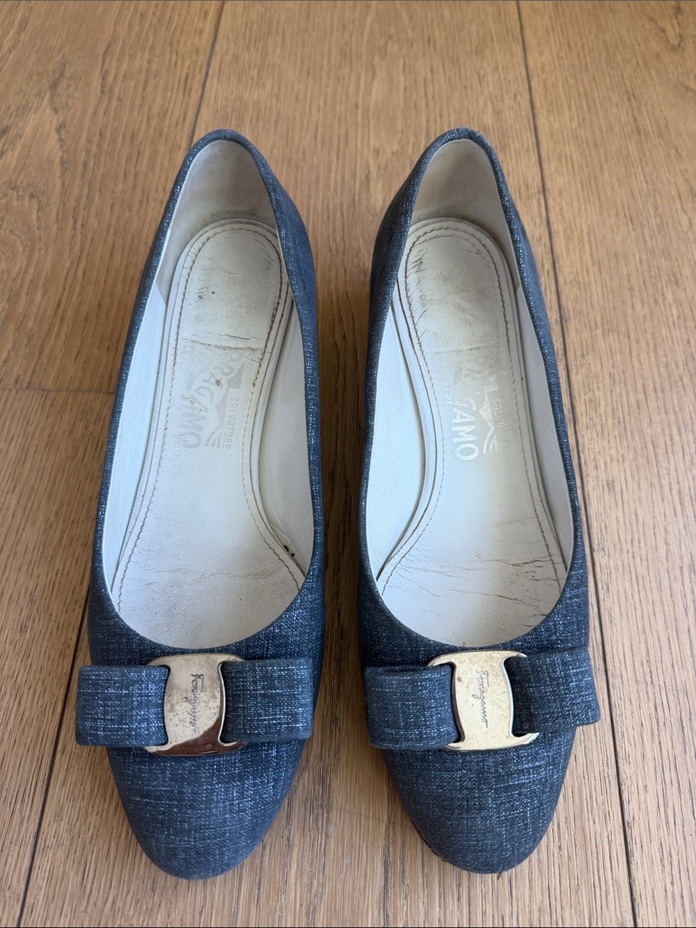 Salvatore Ferragamo Denim Blue Vara Bow Flats with Gold Accent